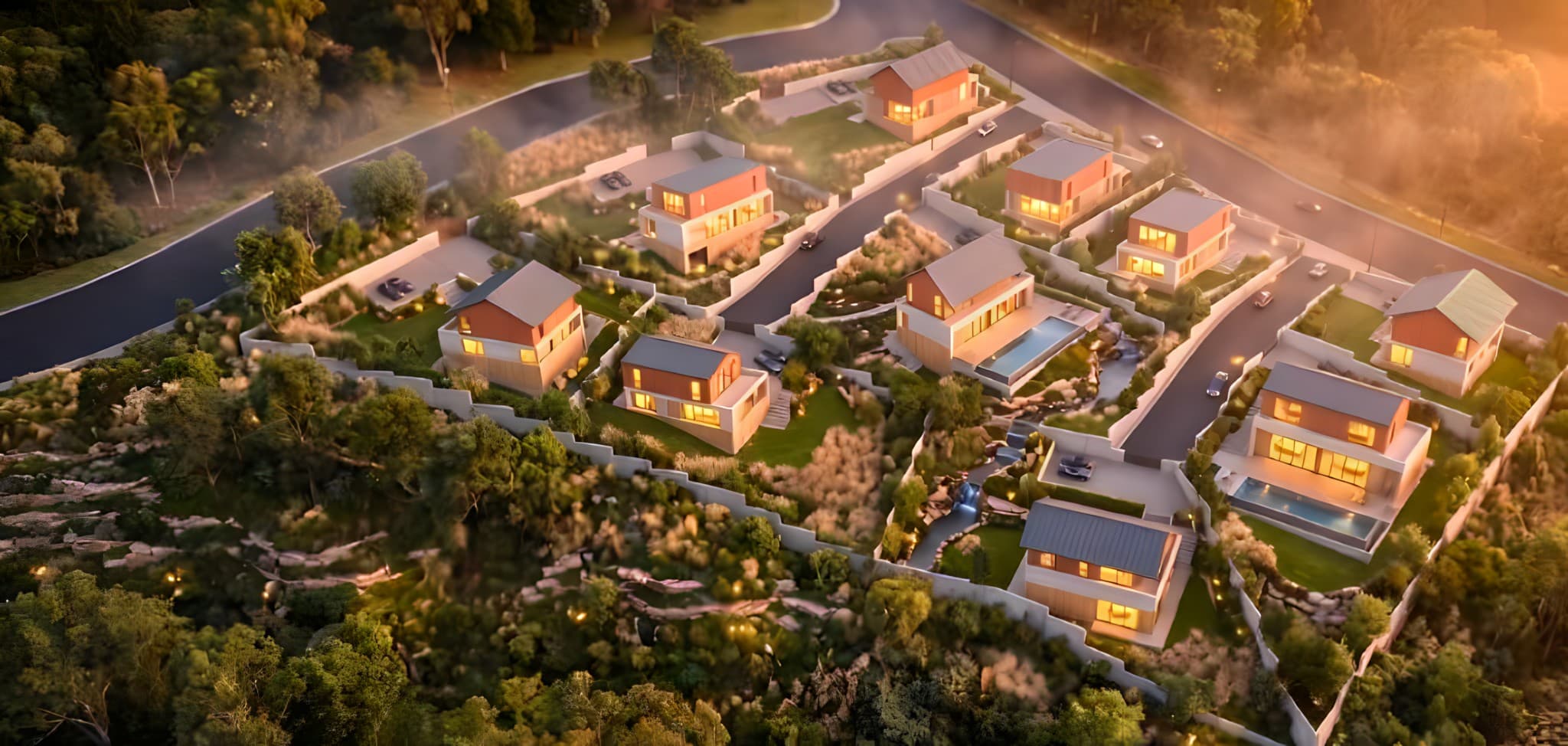 Aerial view of Nagar Lady property developments at sunset