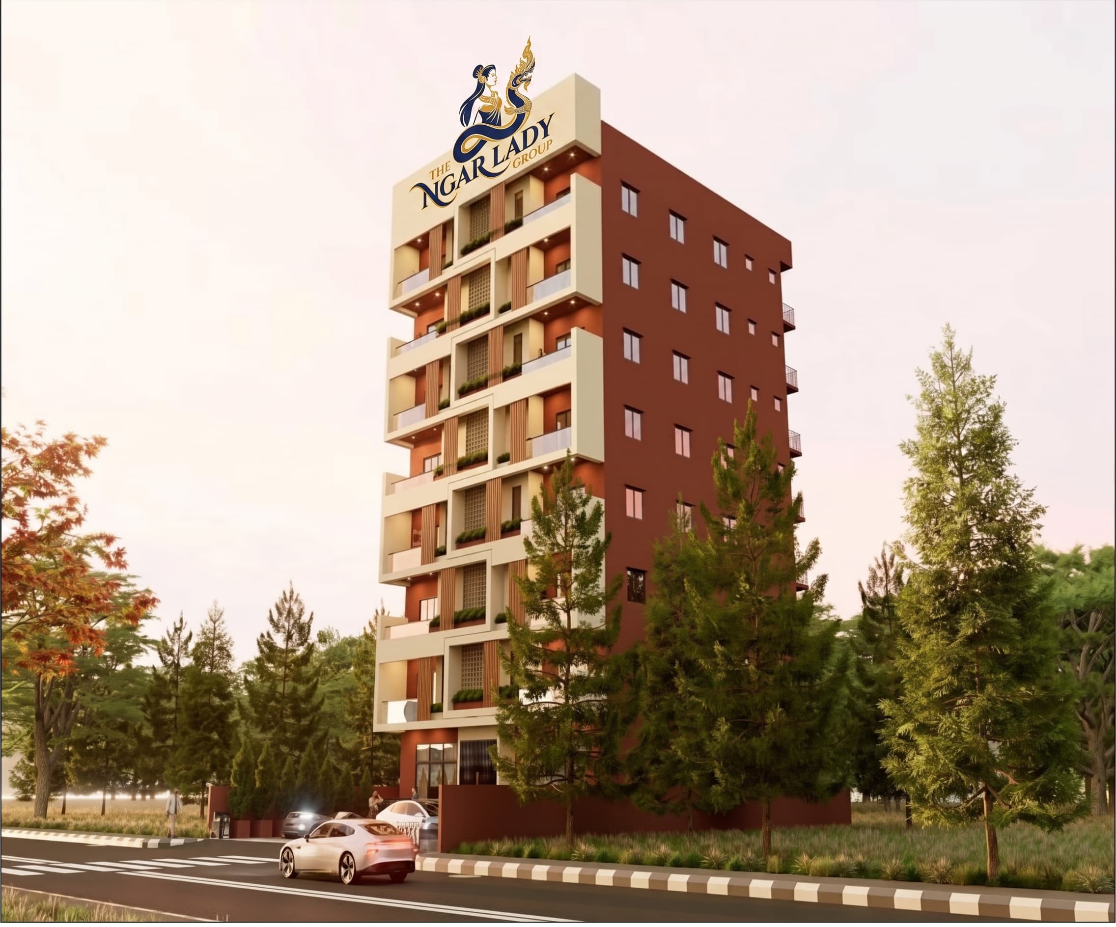 Perspective render of the 13 Stories Condominium among trees