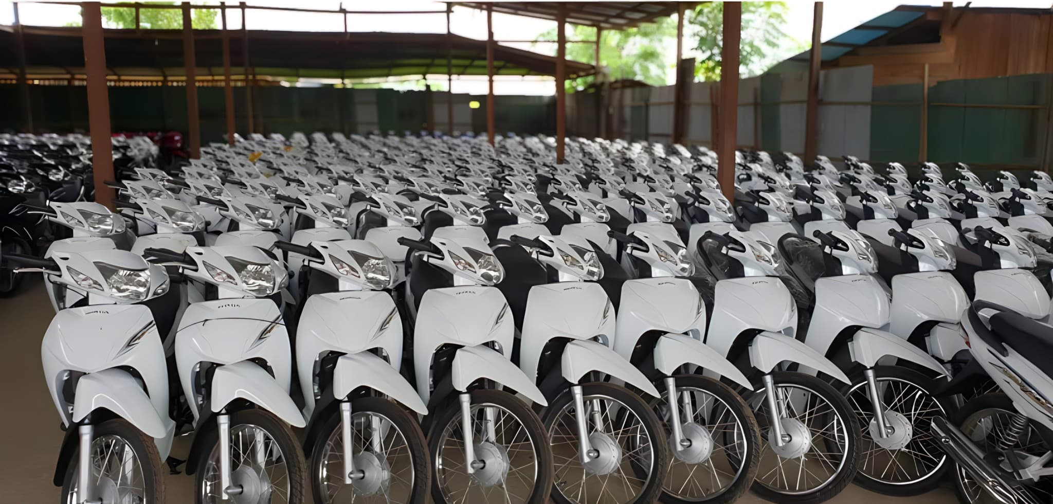 Rows of new motorcycles wrapped for shipment